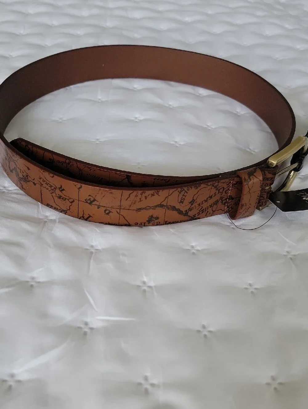 Patricia Nash Tan/Brown Leather Map-Print Belt with Brass Buckle, NWT, Small